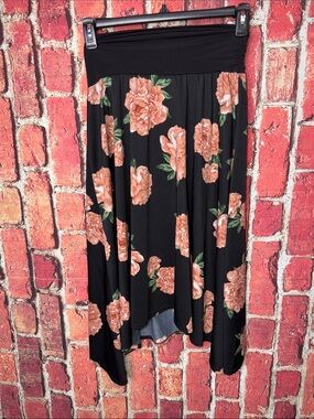 AGB Floral High Low Midi Skirt Women’s Medium Black Peach Rose Stretch Pull On